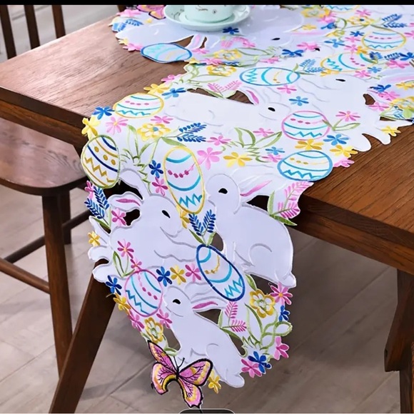 New Spring Easter Rabbit Butterfly Embroidery Table runner Table 13x60 - Picture 2 of 3
